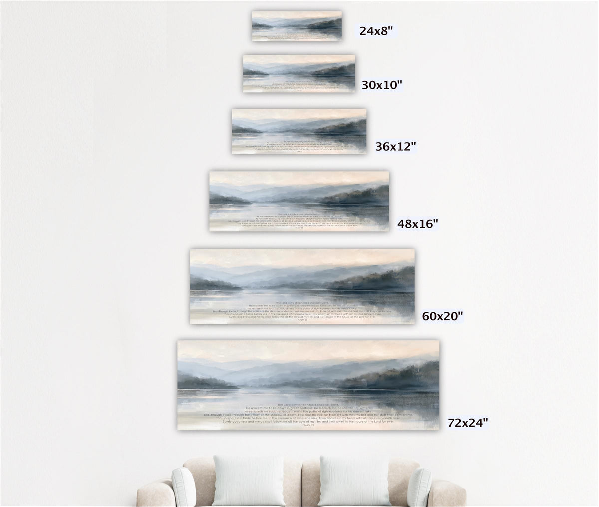 A series of landscape paintings depicting various sizes of the same scene, with the largest painting being 72x24 inches and the smallest being 24x12 inches.