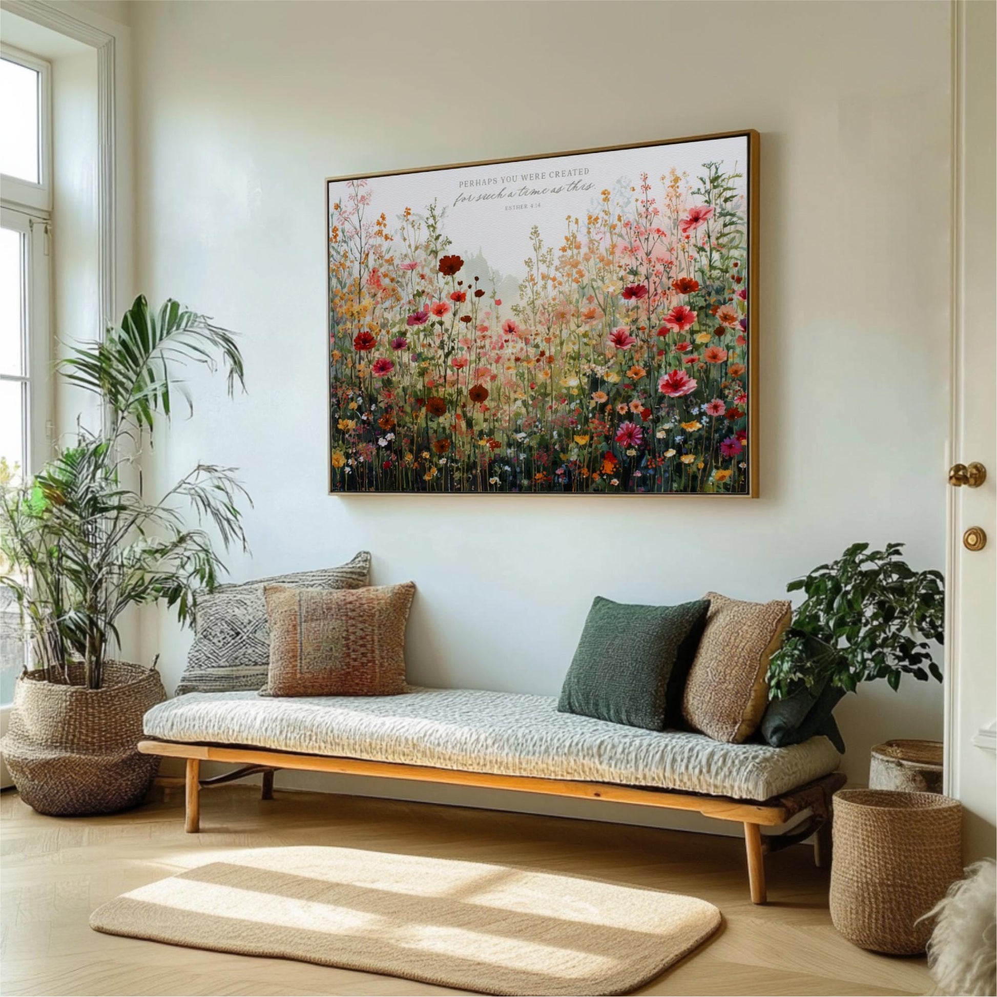 a living room with a large floral painting hanging on the wall above a wooden bench. The bench is adorned with throw pillows and has a woven basket on the floor next to it. The room is decorated with potted plants and a rug, creating a cozy and inviting atmosphere.