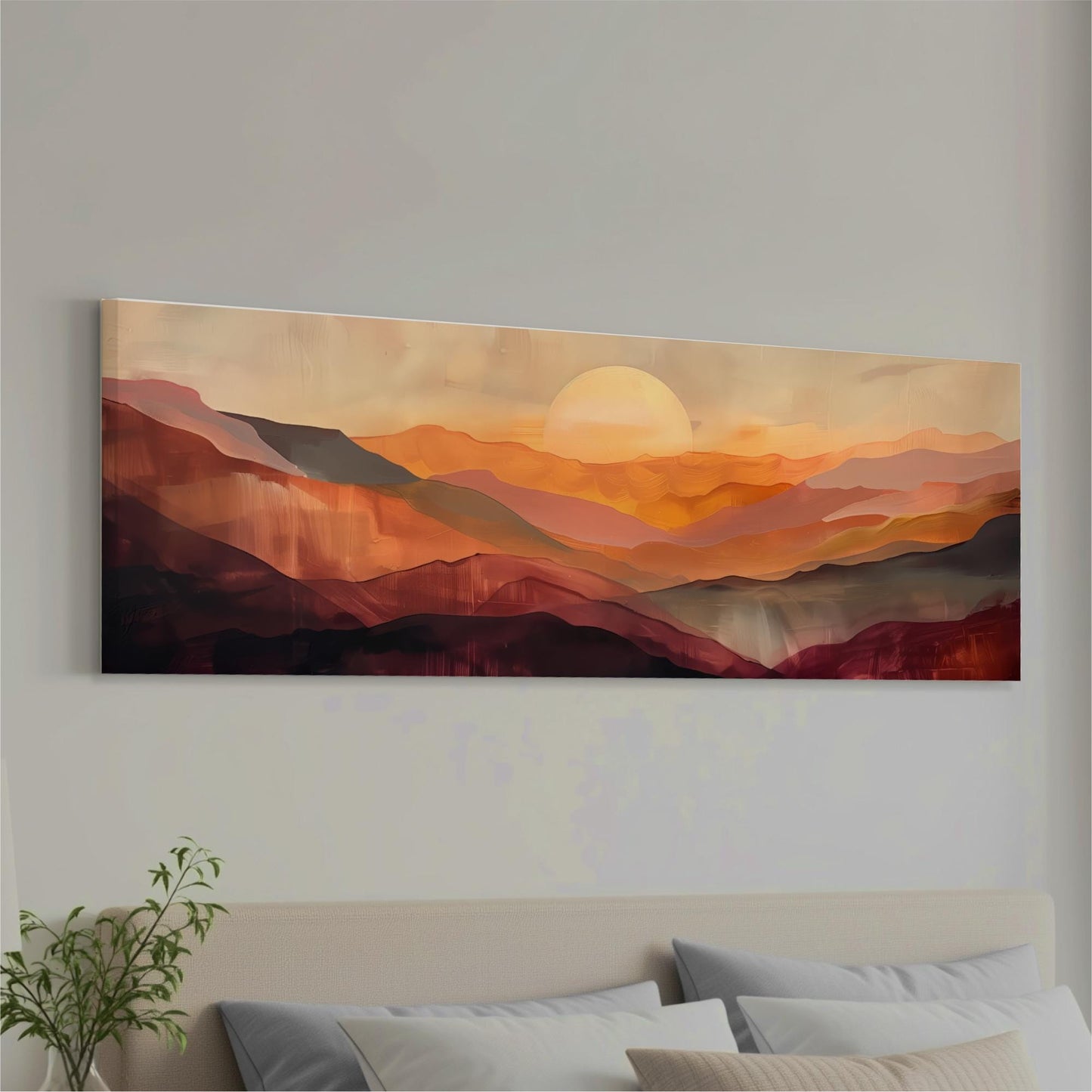 a large, colorful painting of a mountainous landscape with a sun in the sky, hanging on a wall above a bed with white pillows.