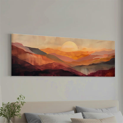 a large, colorful painting of a mountainous landscape with a sun in the sky, hanging on a wall above a bed with white pillows.