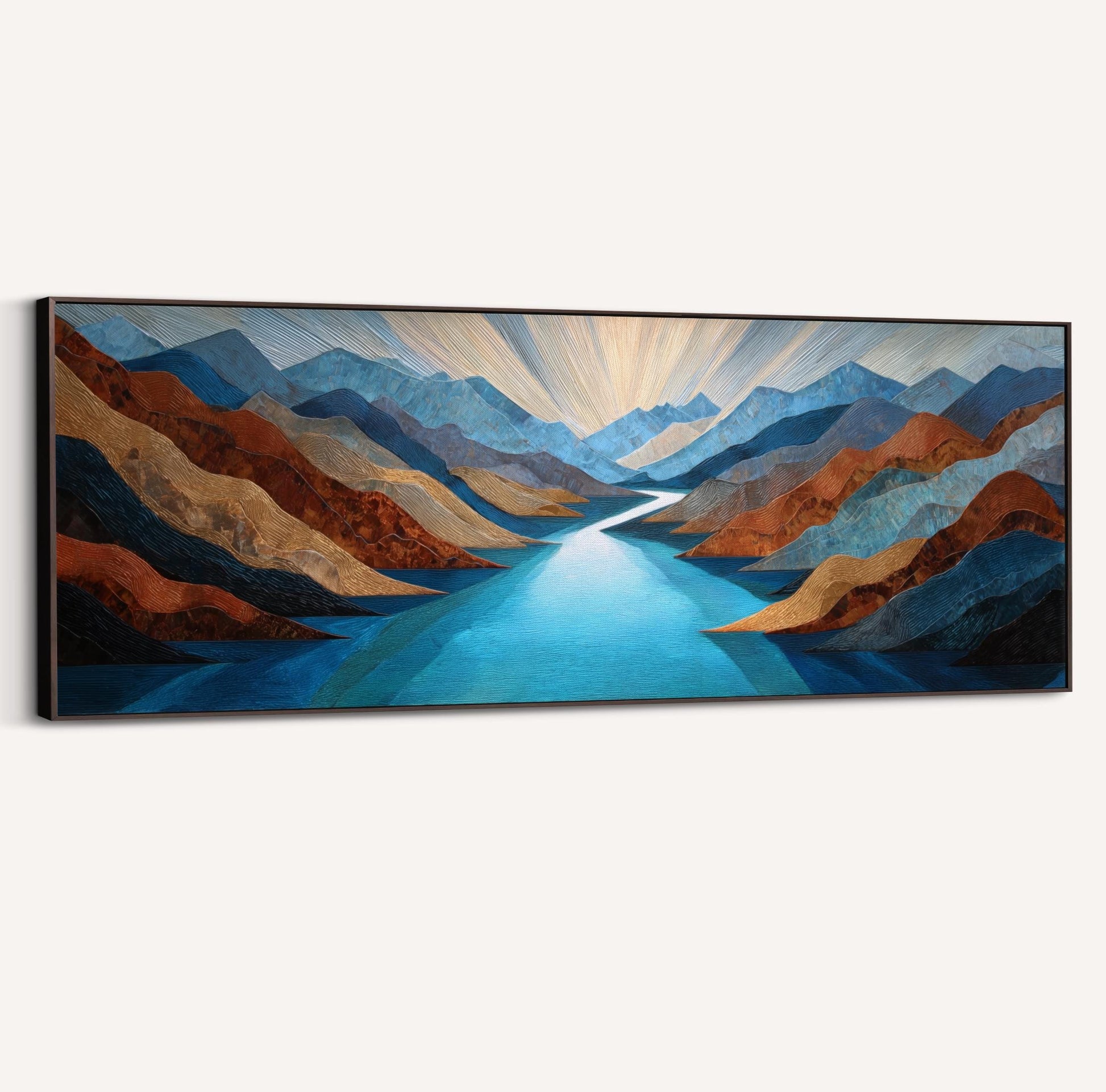 The image is a large painting depicting a serene landscape with a winding river surrounded by mountains in various shades of blue, brown, and orange.