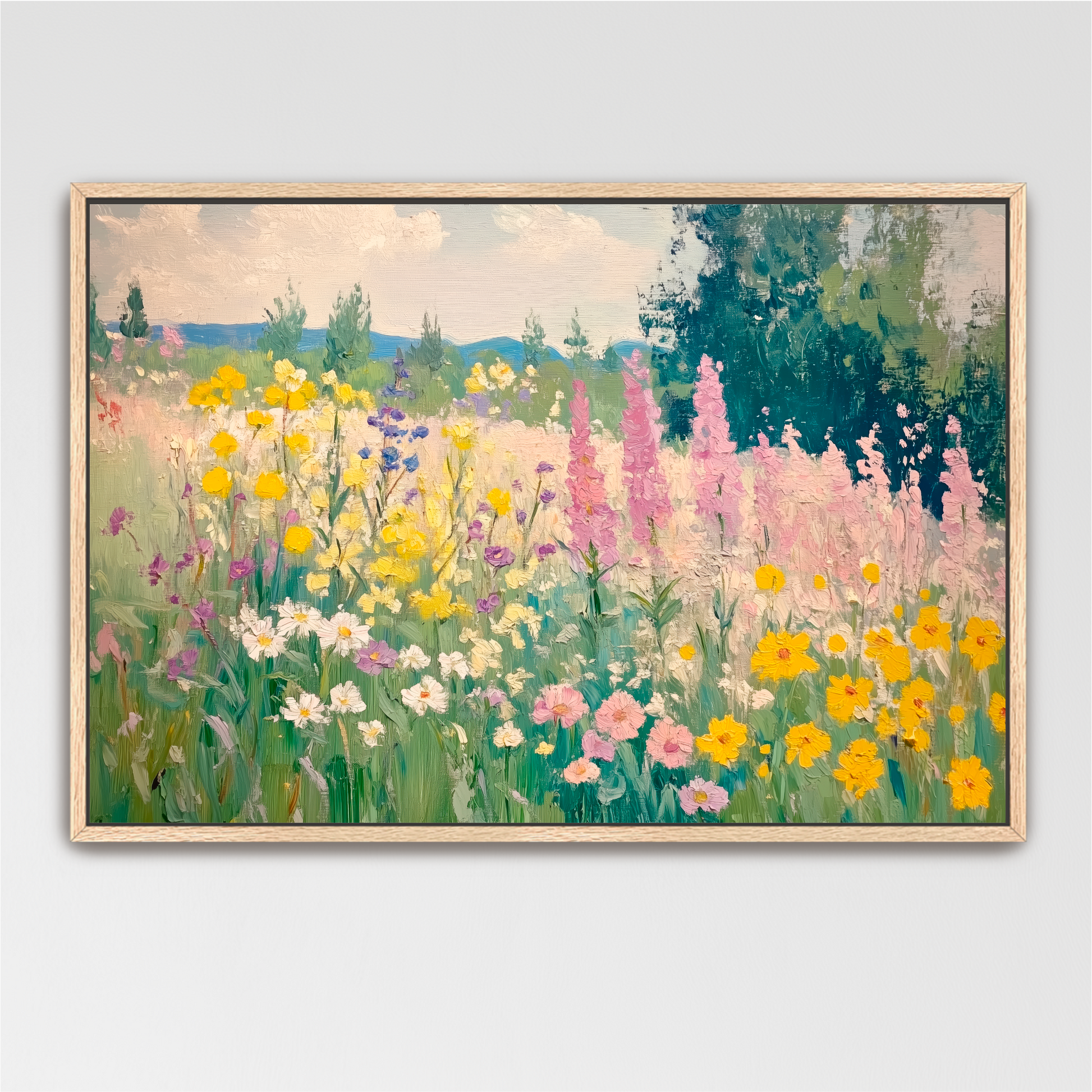 A vibrant painting depicting a lush garden filled with a variety of colorful flowers, including yellow, pink, and white blooms, surrounded by trees and a blue sky.