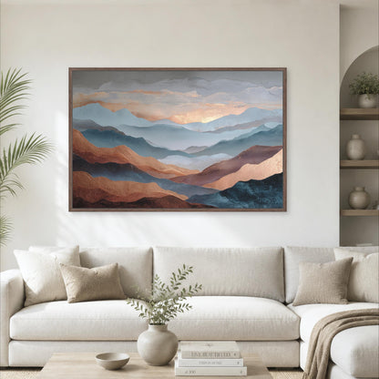 a large, framed painting of mountains hanging on a wall above a white sofa in a living room.