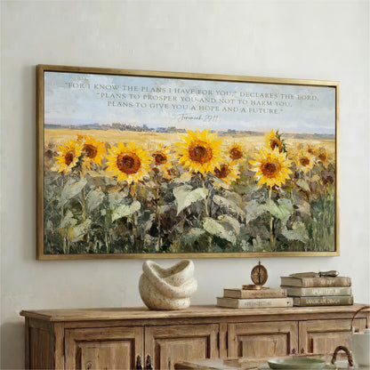 a large framed painting of a sunflower field, with a quote from the Bible verse James 11:1 displayed below the painting.