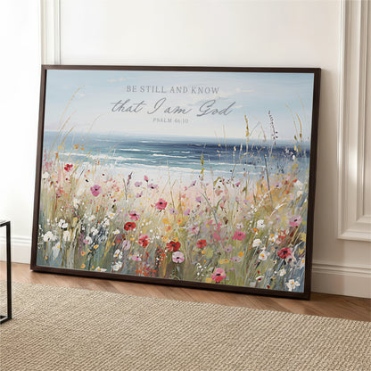 The image is a framed painting depicting a serene landscape with a field of colorful flowers and a body of water in the background.