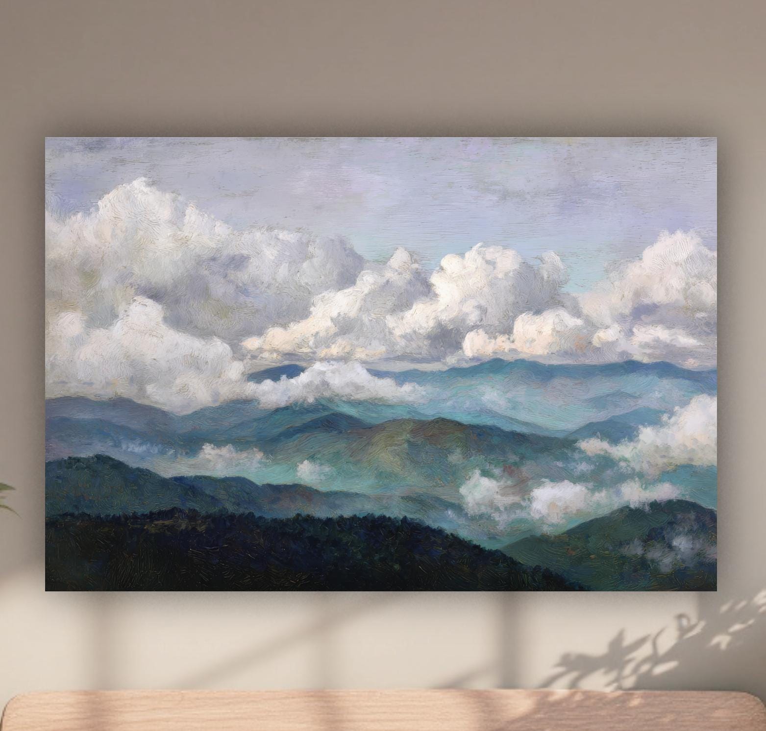 a large painting of a Smokey mountains blueridge mountains landscape with clouds