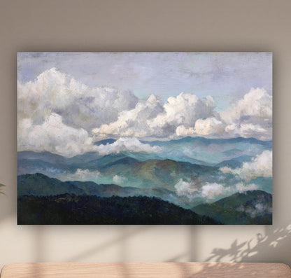 a large painting of a Smokey mountains blueridge mountains landscape with clouds