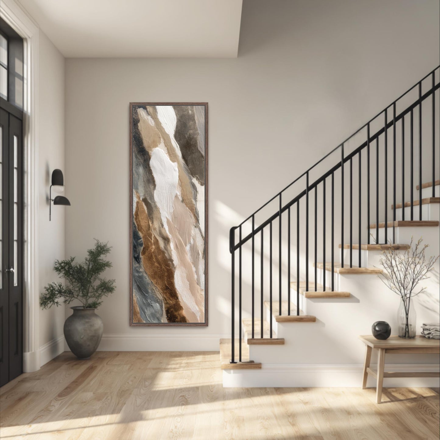 a modern and minimalist interior design, featuring a large abstract painting on the wall, a black metal railing on the stairs, a potted plant, and a wooden bench.