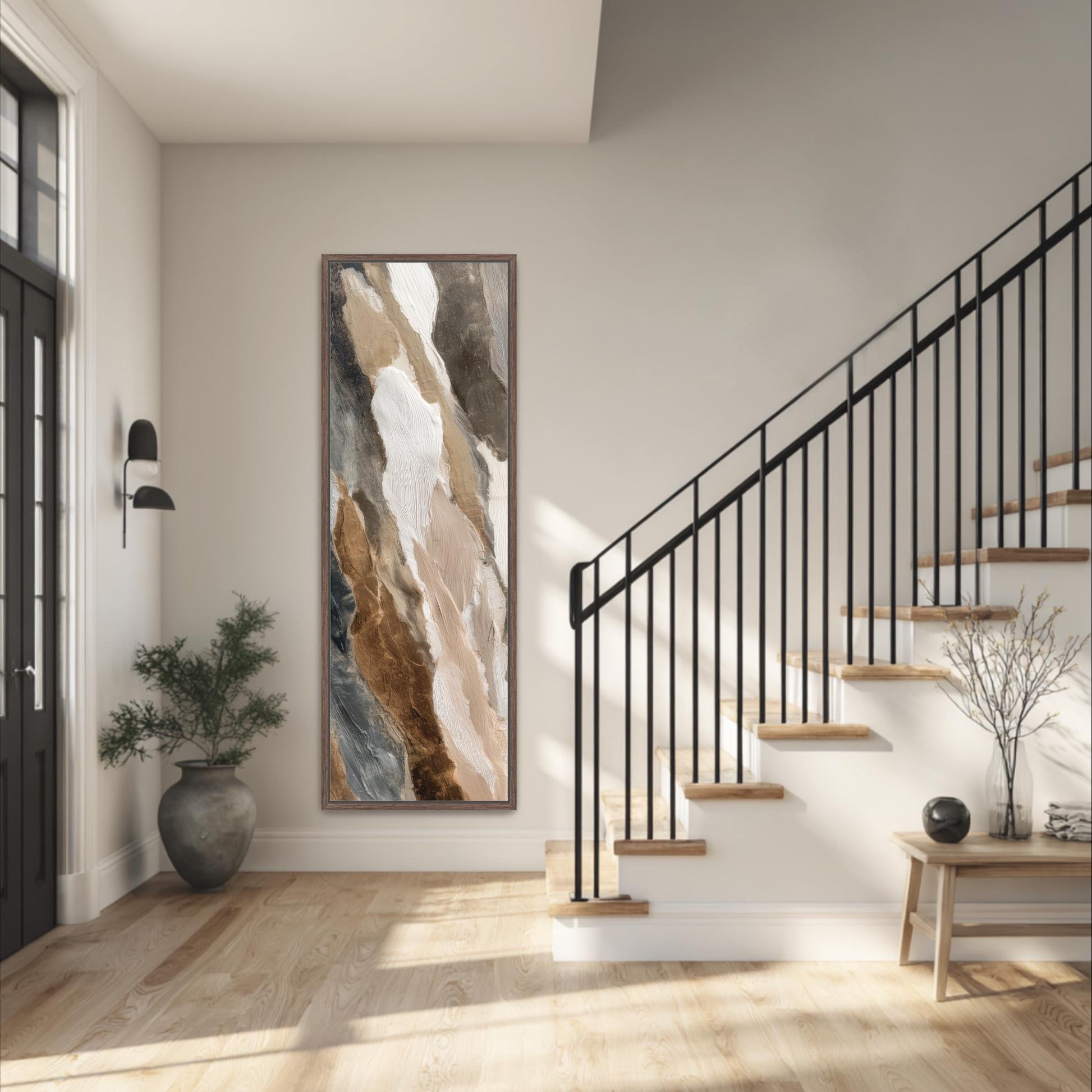a modern and minimalist interior design, featuring a large abstract painting on the wall, a black metal railing on the stairs, a potted plant, and a wooden bench.