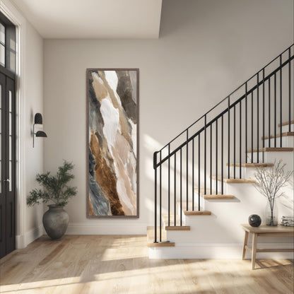 a modern and minimalist interior design, featuring a large abstract painting on the wall, a black metal railing on the stairs, a potted plant, and a wooden bench.