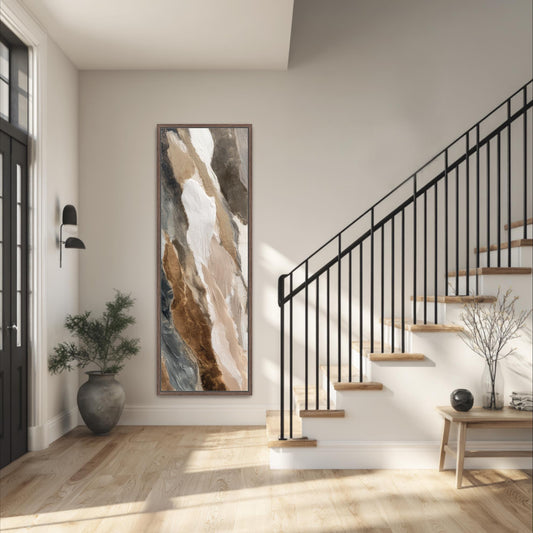 a modern and minimalist interior design, featuring a large abstract painting on the wall, a black metal railing on the stairs, a potted plant, and a wooden bench.