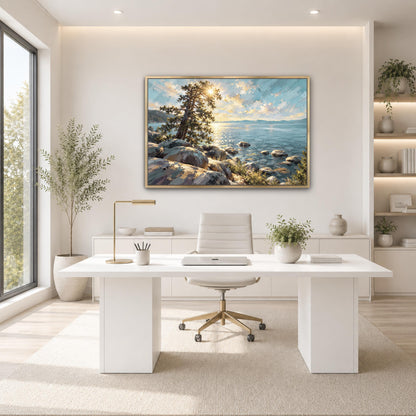 a modern, minimalist office space with a large window overlooking a scenic landscape. The office features a white desk with a computer, a comfortable-looking chair, and a large framed painting of a serene landscape on the wall. The room is decorated with potted plants and other natural elements, creating a calming and visually appealing atmosphere.