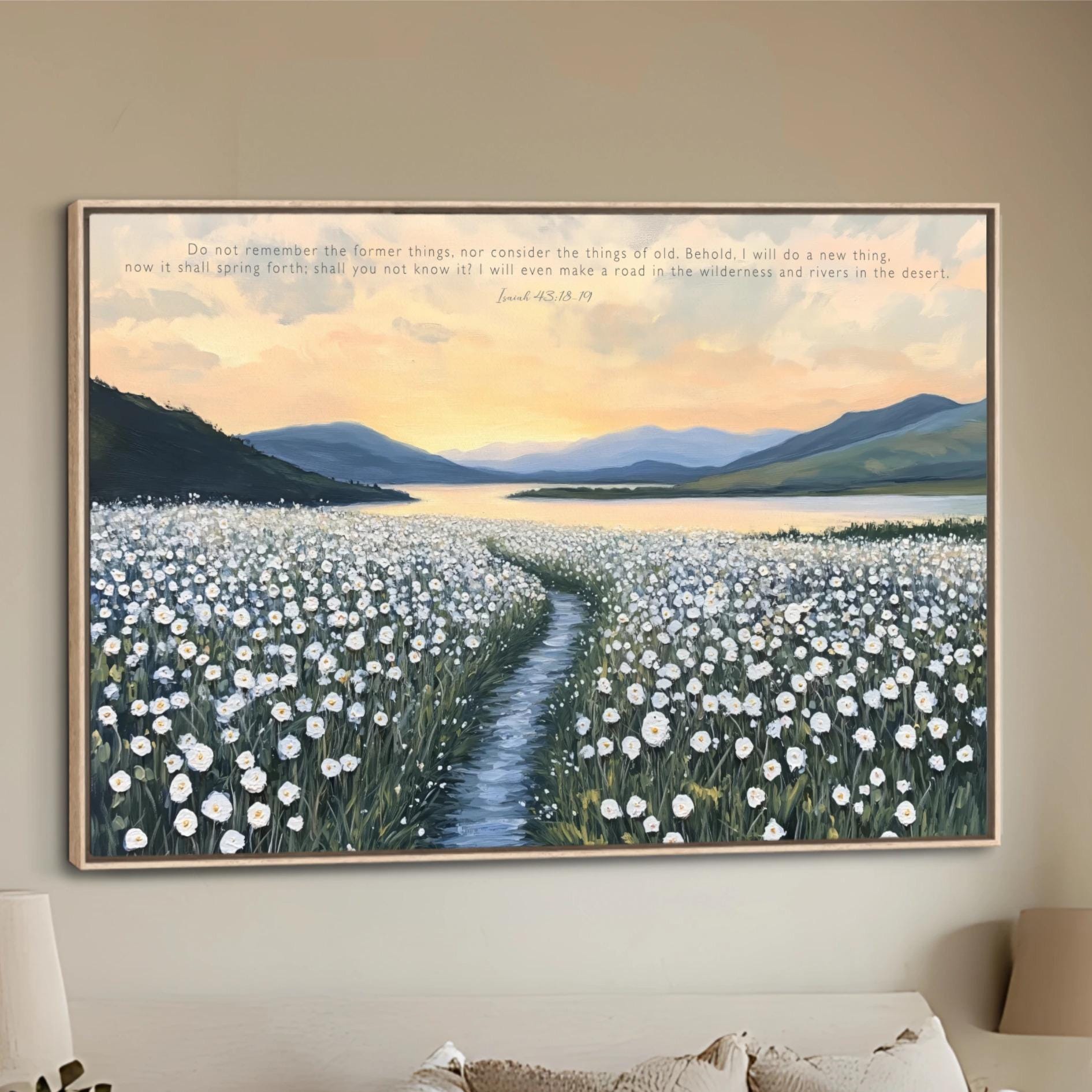 Isaiah 43:18-19 Wall Art, Landscape Nature Painting, Morning sunrise, lake and field of wildflowersChristian Decor, Bible Verse Digital Print, Inspirational Home Decor