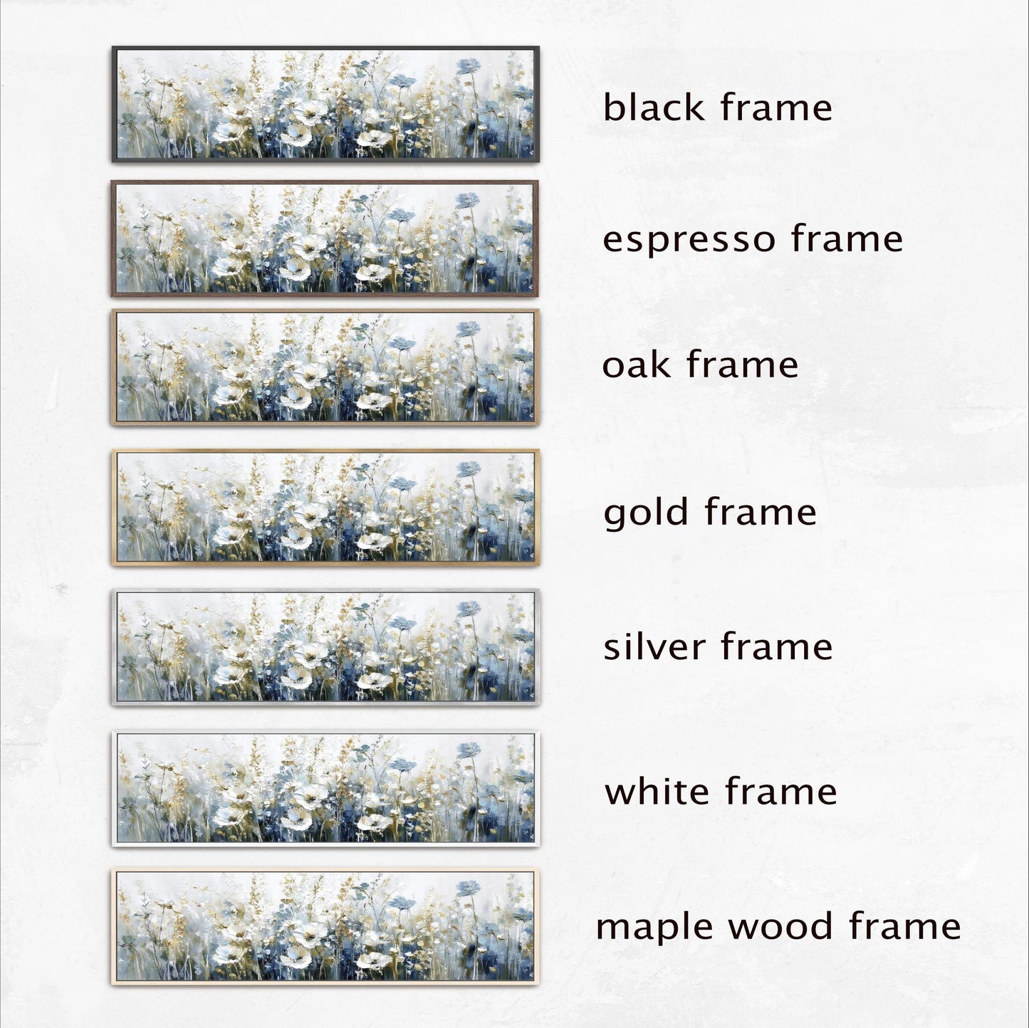 six different frames, each with a different frame color and style, representing various types of frames. The frames are black, espresso, oak, gold, silver, and white, each with a unique design and color.