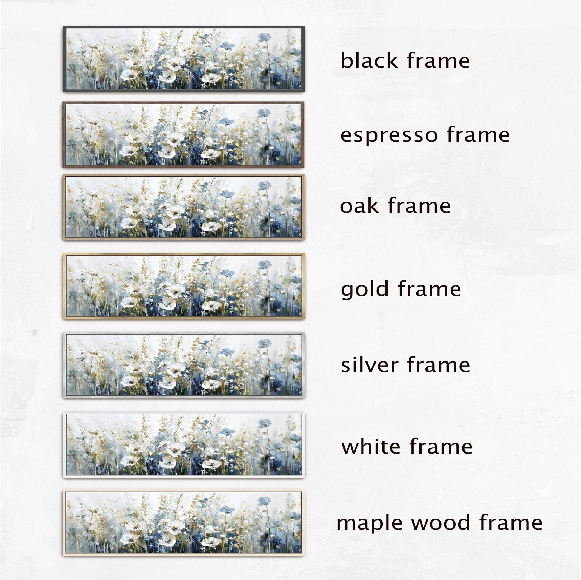 six different frames, each with a different frame color and style, representing various types of frames. The frames are black, espresso, oak, gold, silver, and white, each with a unique design and color.