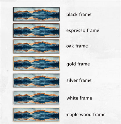 six different framed landscape paintings, each with a unique frame color and style. The frames are black, espresso, oak, gold, silver, and white, as well as a maple wood frame. The paintings depict various mountain scenes, showcasing the versatility of the frames in enhancing the beauty of the artwork.