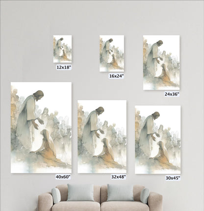 a collection of five framed artworks depicting religious scenes, including figures of Jesus Christ and other religious figures. The artworks vary in size, with some being larger than others. The artworks are displayed on a wall, and there is a couch in the foreground.