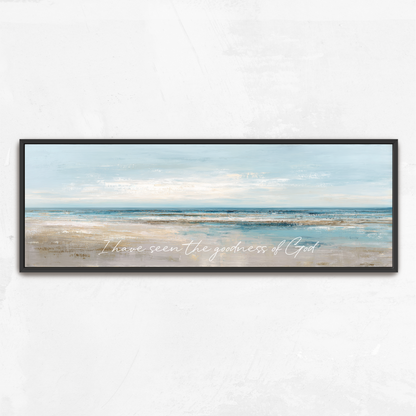 The image is a framed painting depicting a serene beach scene with a vast ocean and a cloudy sky.