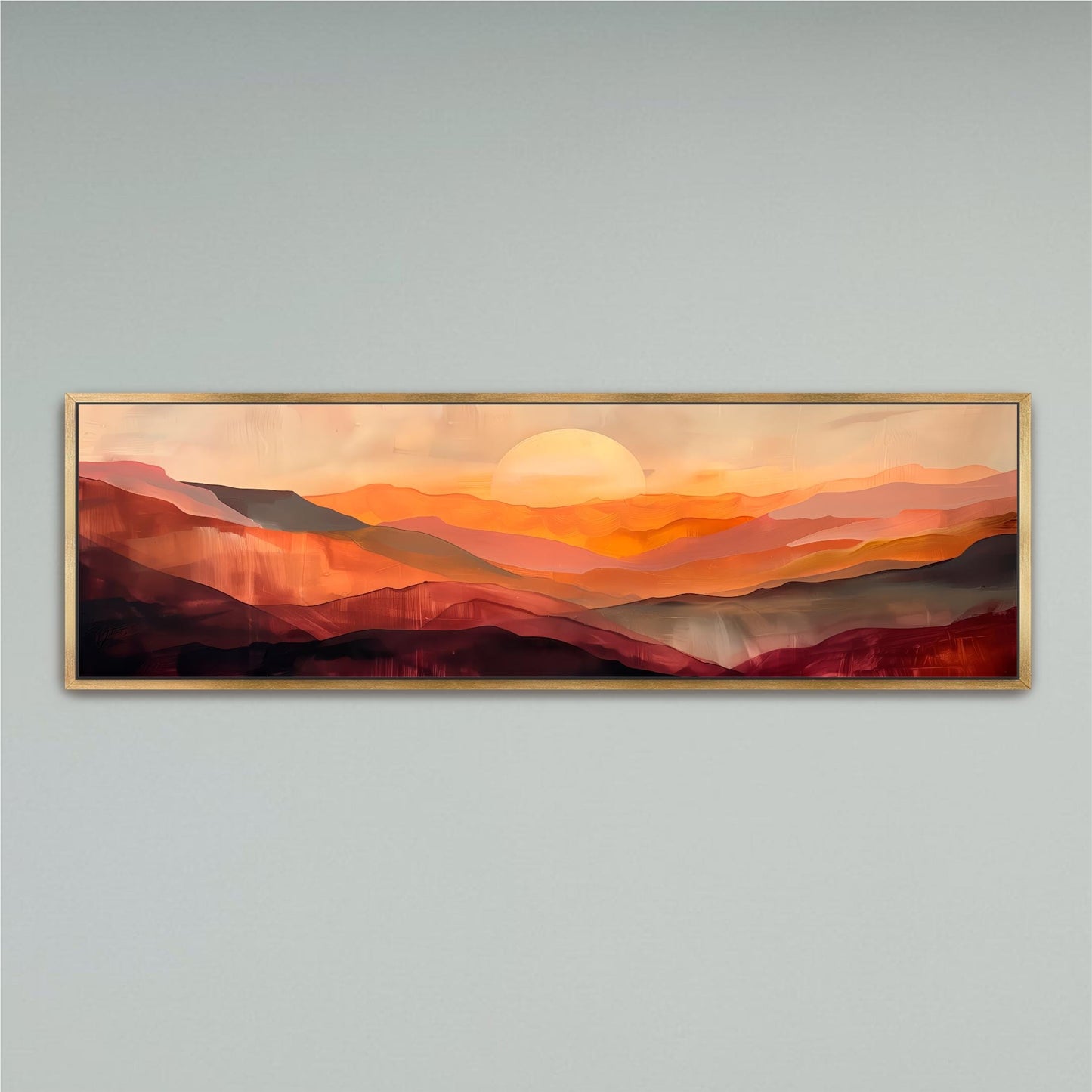 The image is a framed painting depicting a scenic landscape with mountains and a sun in the background.
