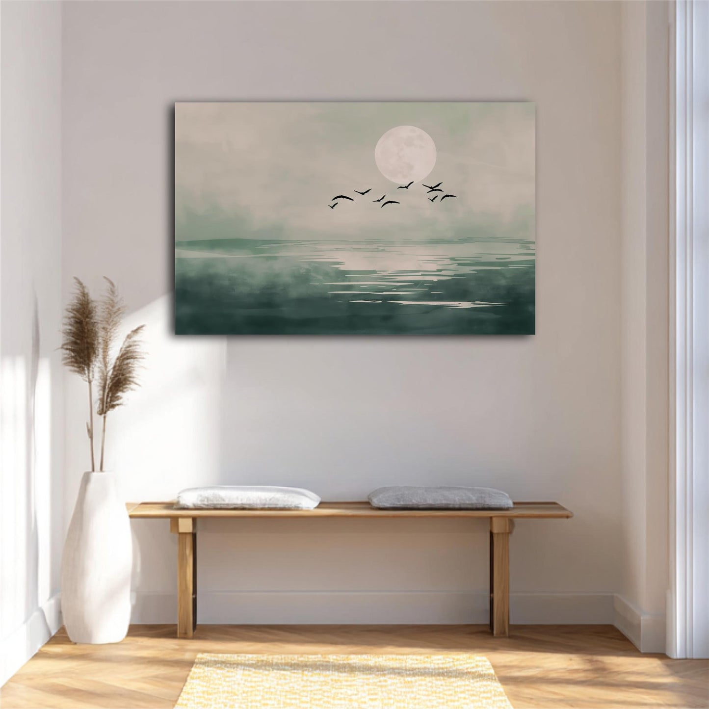 a serene indoor setting with a large painting of a moonlit lake and a flock of birds flying over it, hanging on a white wall above a wooden bench.
