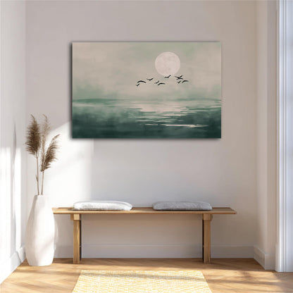 a serene indoor setting with a large painting of a moonlit lake and a flock of birds flying over it, hanging on a white wall above a wooden bench.