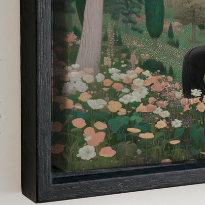 The image is a framed painting depicting a lush, colorful garden scene with various flowers and foliage.