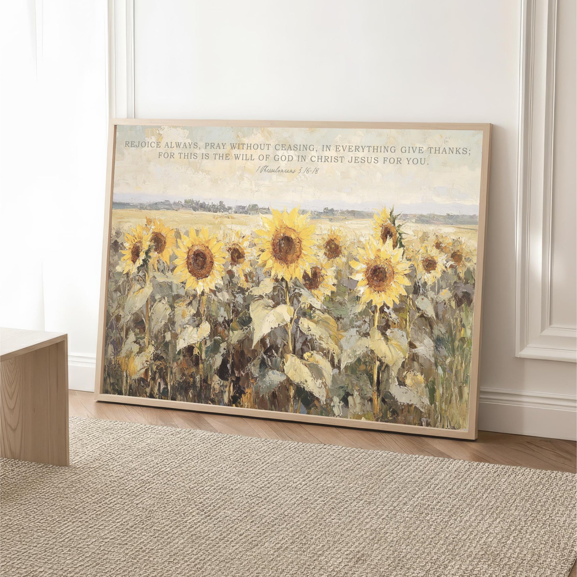 The image is a framed painting depicting a field of sunflowers.