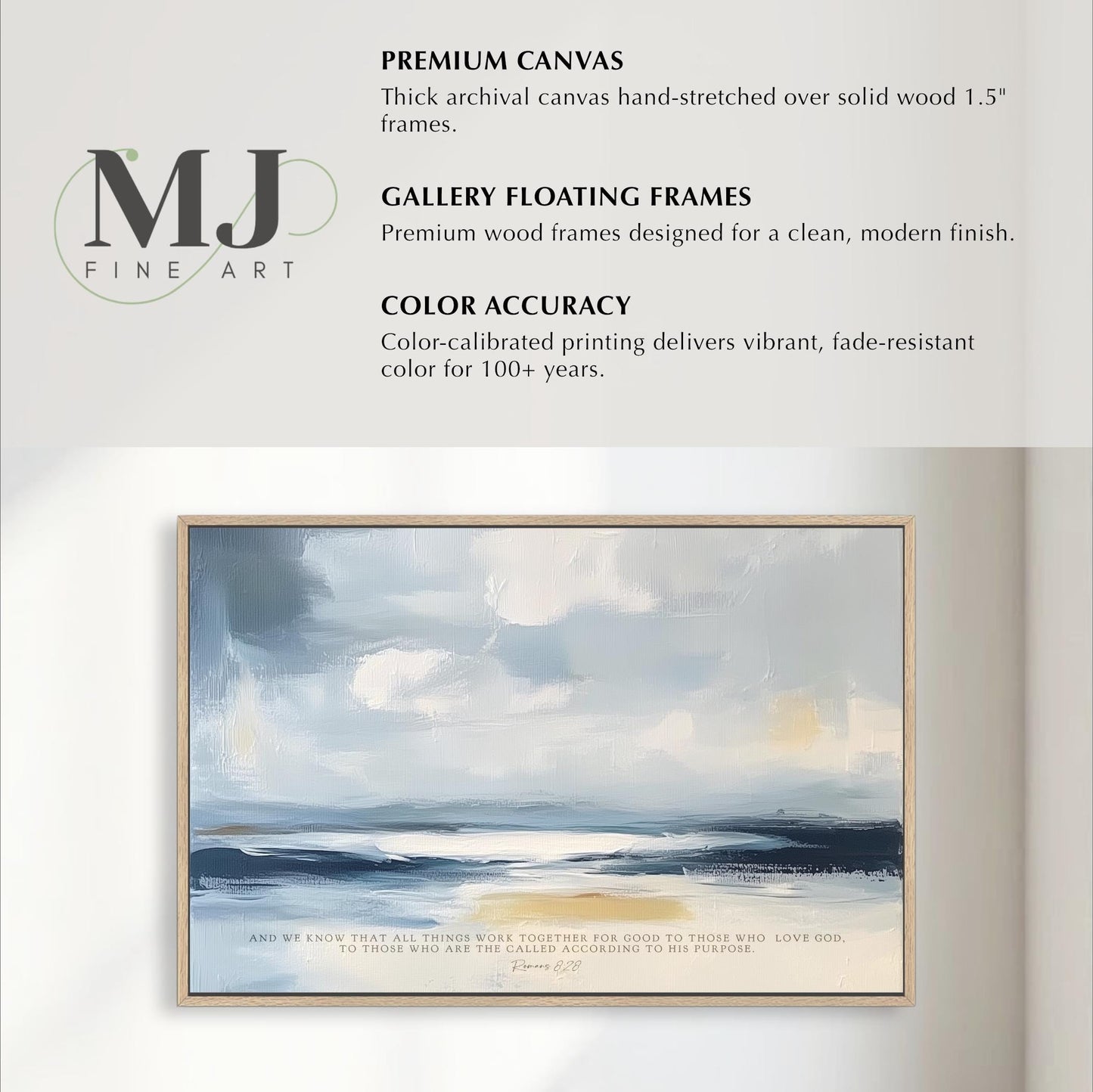 The image is a framed artwork depicting a serene landscape with a cloudy sky and a body of water. The artwork is a premium canvas hand-stretched over solid wood 1.5" frames, designed for a clean, modern finish. The color accuracy of the print is exceptional, delivering vibrant, fade-resistant color for 100+ years. The artwork is a collaboration between the artist and the photographer, and it is intended to evoke a sense of tranquility and appreciation for the beauty of nature.