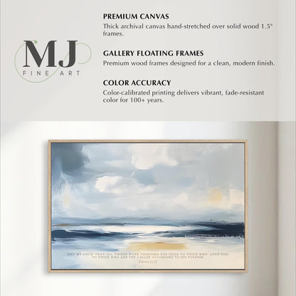 The image is a framed artwork depicting a serene landscape with a cloudy sky and a body of water. The artwork is a premium canvas hand-stretched over solid wood 1.5" frames, designed for a clean, modern finish. The color accuracy of the print is exceptional, delivering vibrant, fade-resistant color for 100+ years. The artwork is a collaboration between the artist and the photographer, and it is intended to evoke a sense of tranquility and appreciation for the beauty of nature.