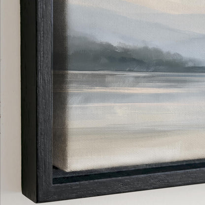 The image is a framed painting depicting a serene landscape with a body of water and a hazy sky.