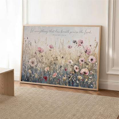 A framed painting of a field of flowers, with a Bible verse from Psalm 19:60 overlaid on the image.