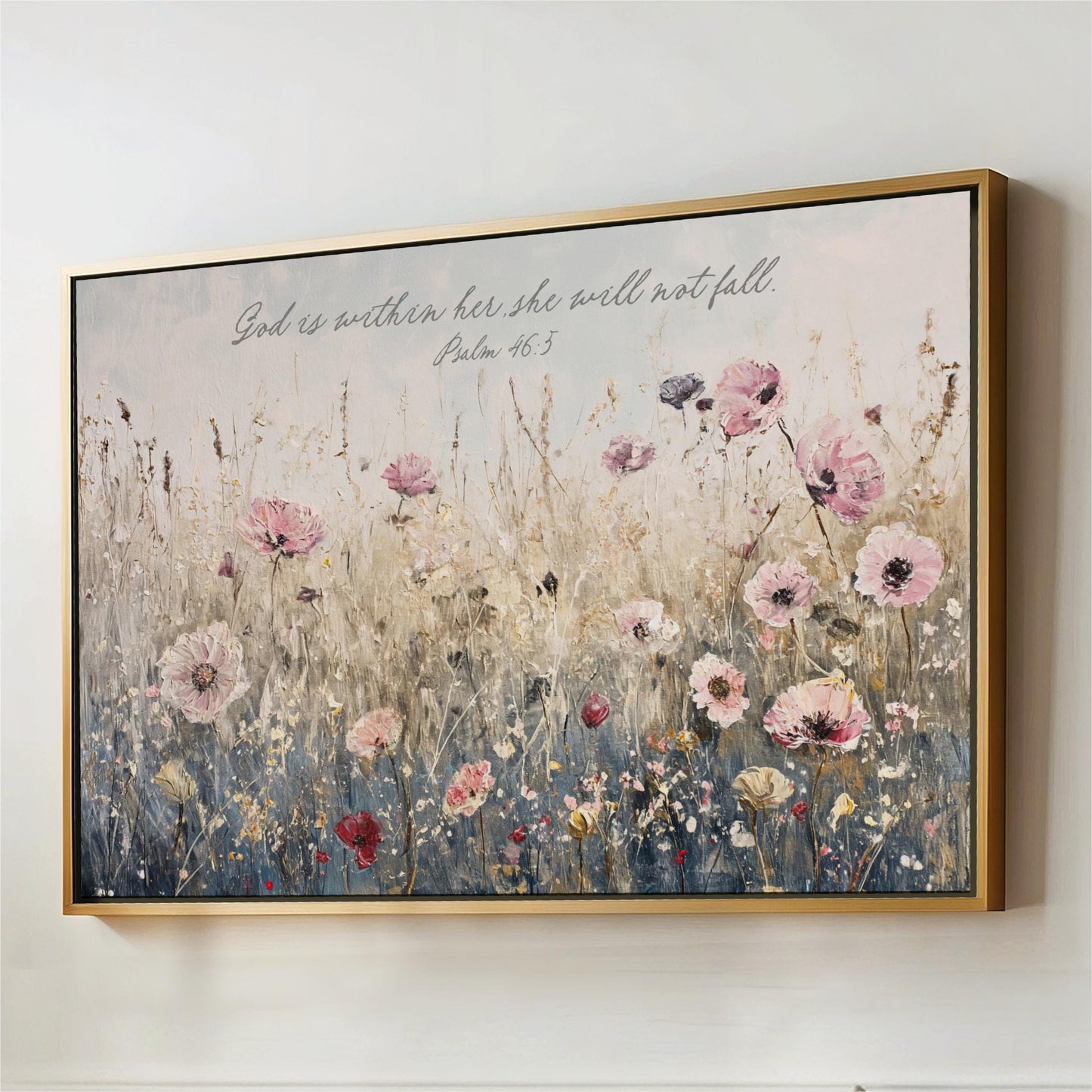 The image is a framed painting depicting a field of flowers with a Bible verse from Psalm 46:3 overlaid on the scene.