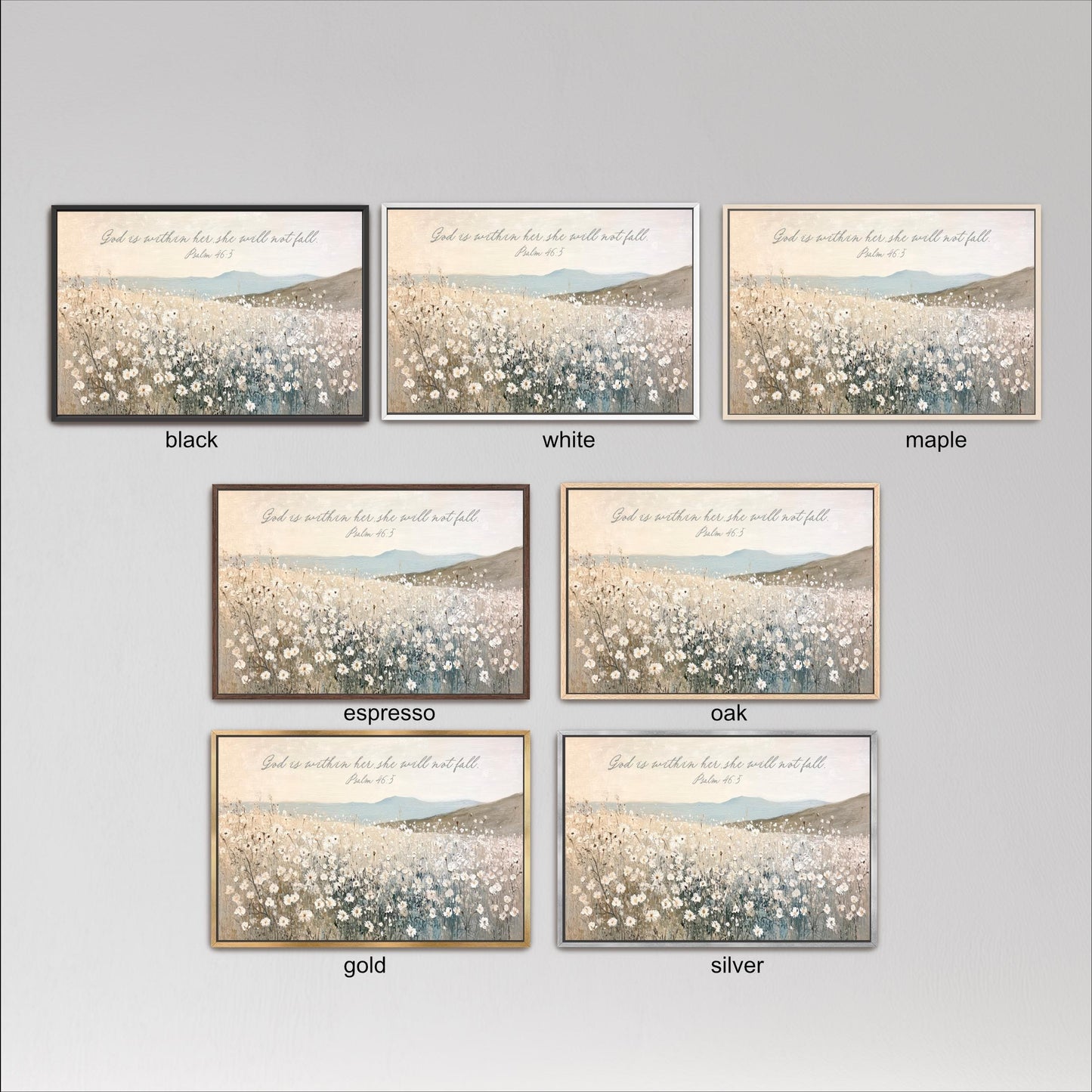 six framed pictures of a field of flowers, each with a different color frame. The pictures are arranged in a grid with three rows and two columns.