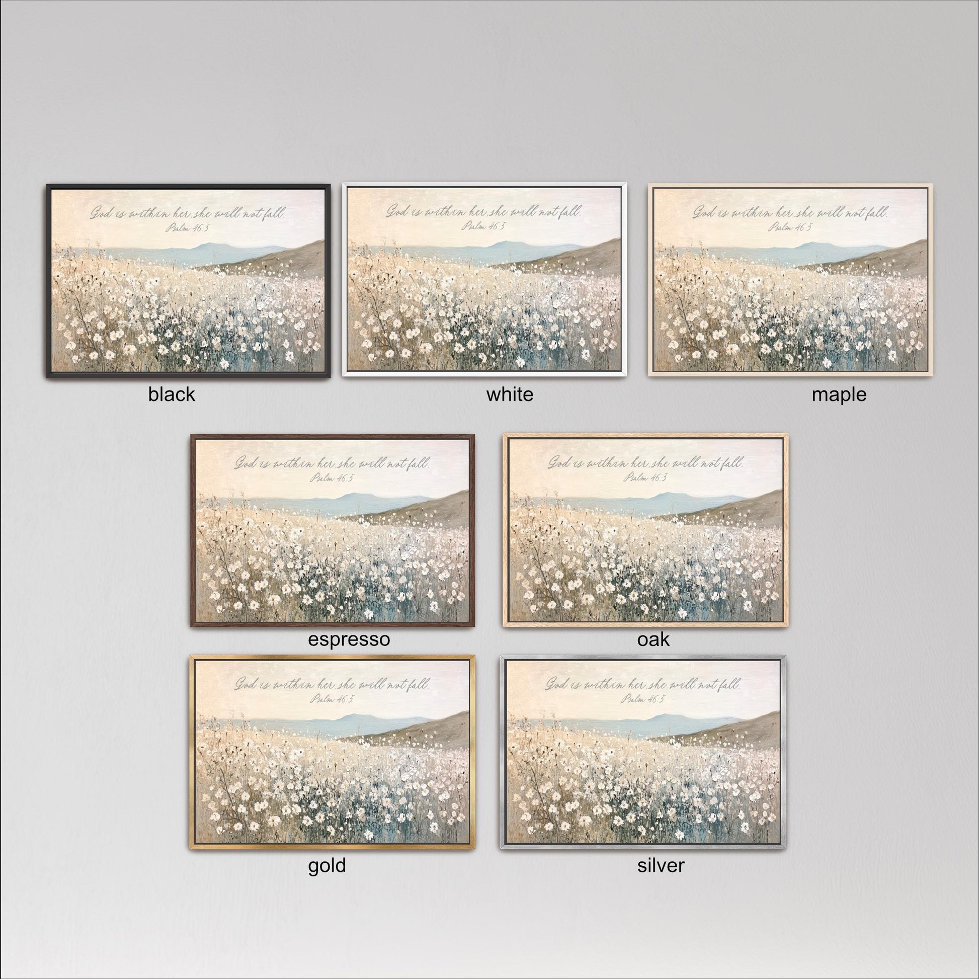 six framed pictures of a field of flowers, each with a different color frame. The pictures are arranged in a grid with three rows and two columns.