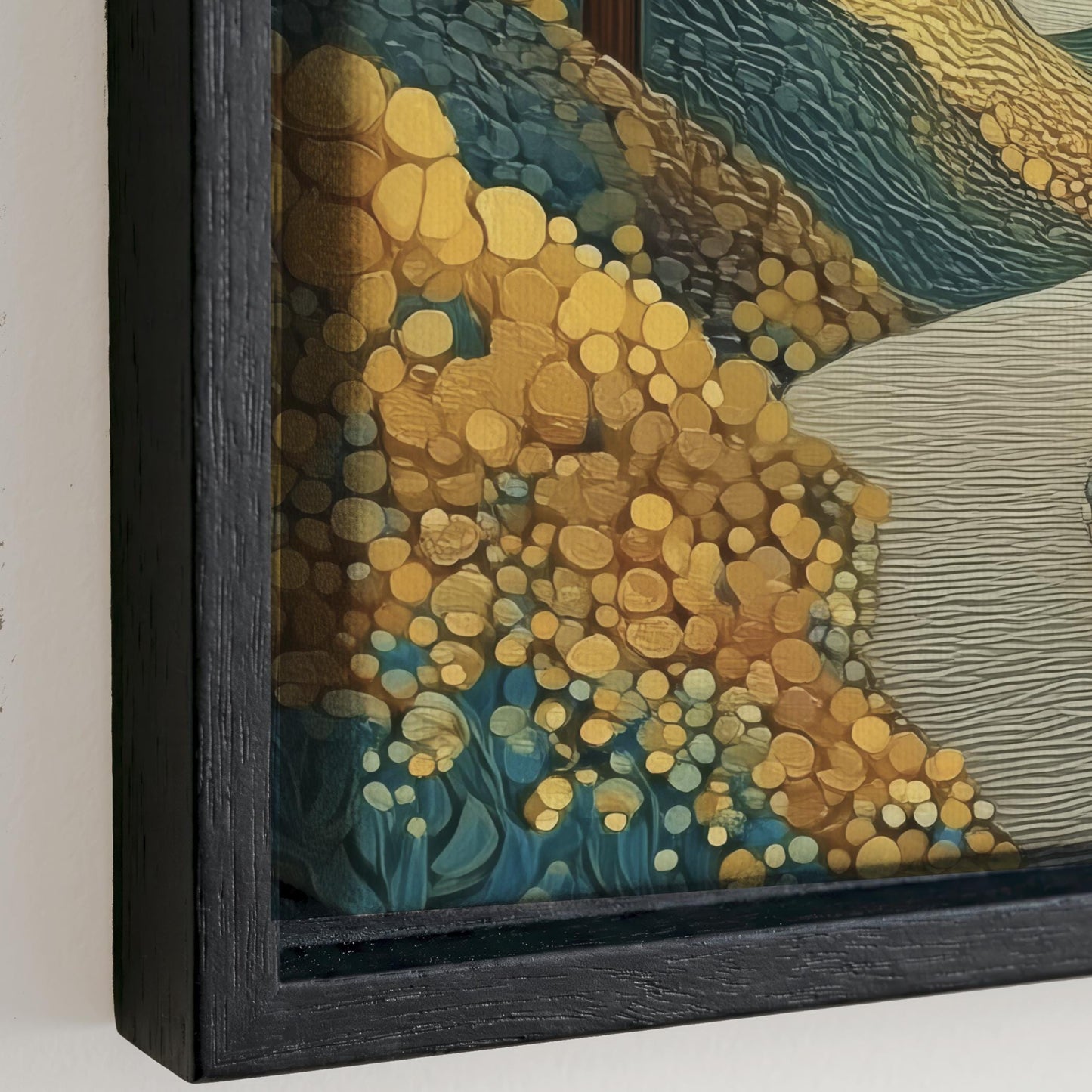 The image is a framed artwork depicting a vibrant, colorful landscape with a variety of shapes and patterns, including circles, lines, and other abstract elements.