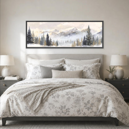 a large bedroom with a bed, nightstands, and a framed landscape painting hanging above the bed.