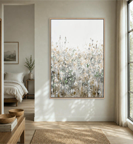 a large, framed painting of a field of flowers hanging on a wall in a bedroom.