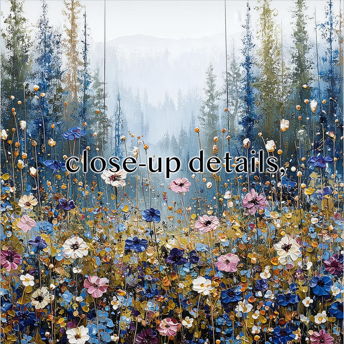 a vibrant and colorful field of flowers, with a variety of blooms in shades of pink, blue, yellow, and purple. The flowers are arranged in a way that creates a sense of depth and perspective, with some flowers appearing closer to the viewer and others further away. The background is a hazy, misty landscape, adding a dreamy and ethereal quality to the scene. The text "close-up details" suggests that the image is meant to be closely inspected and appreciated for its intricate details and beauty.