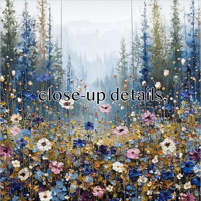 a vibrant and colorful field of flowers, with a variety of blooms in shades of pink, blue, yellow, and purple. The flowers are arranged in a way that creates a sense of depth and perspective, with some flowers appearing closer to the viewer and others further away. The background is a hazy, misty landscape, adding a dreamy and ethereal quality to the scene. The text "close-up details" suggests that the image is meant to be closely inspected and appreciated for its intricate details and beauty.