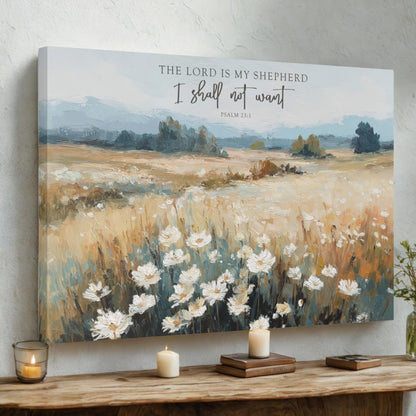 The image is a large canvas print depicting a pastoral landscape with a field of white flowers and a blue sky. The text "The Lord is my shepherd I shall not want" is written above the painting.