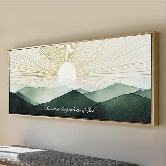 Goodness of God Wall Art: Mountains Green Gold Boho Sun, Sunbeam Christian Decor Large Wide Artwork Above Bed, Over the Sofa