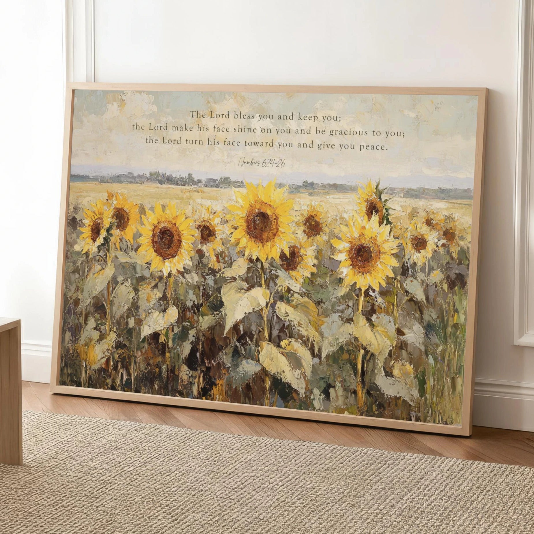 The Lord Bless You Sunflowers Art Numbers 6:24-26, Scripture Landscape Artwork Wildflower Field, Framed Canvas Print, Christian Decor