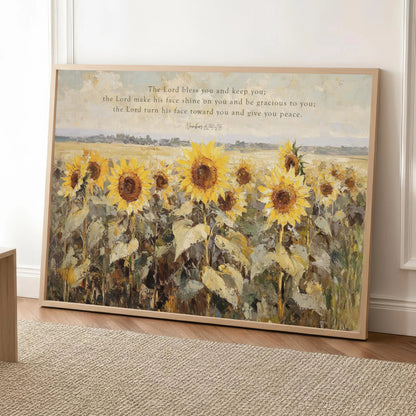The Lord Bless You Sunflowers Art Numbers 6:24-26, Scripture Landscape Artwork Wildflower Field, Framed Canvas Print, Christian Decor