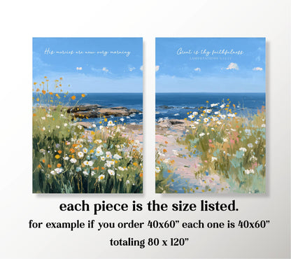 The image is a collage of two paintings depicting a serene landscape with a field of flowers and a body of water. Each piece is the size listed, with 40x60 inches being the maximum allowed size for each painting. The total size of the collage is 80 x 120 inches.