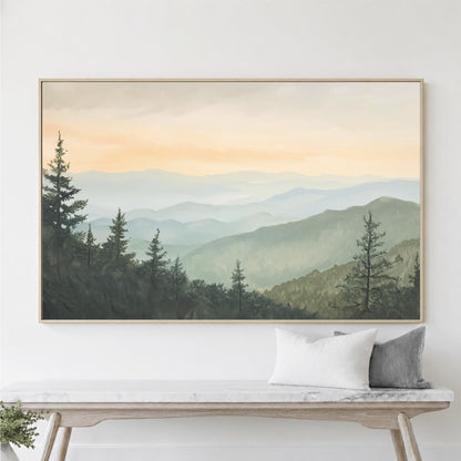 a large framed painting of a mountain landscape with pine trees and a hazy, golden sky above.