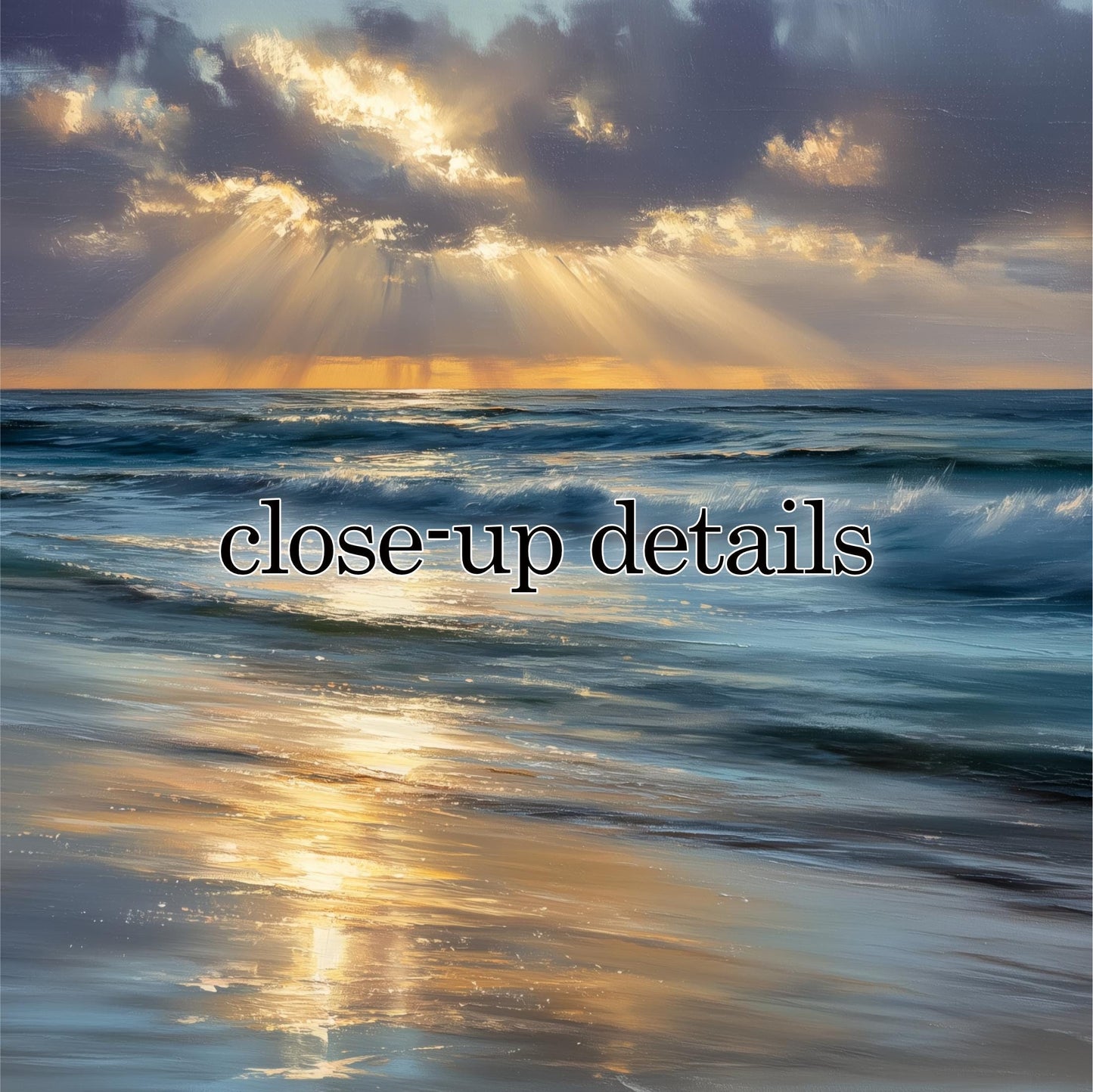 a serene beach scene with a calm ocean and a stunning sunset casting a warm glow over the water.