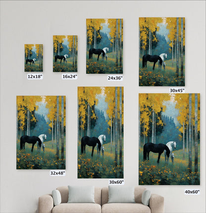a collection of six framed paintings depicting horses in a forest setting, with varying sizes and orientations.
