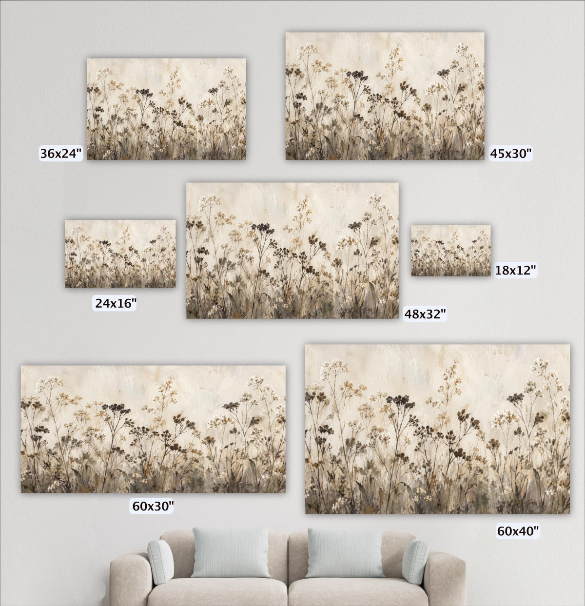 a collection of six different sizes of paintings or prints, each depicting a field of flowers or plants. The paintings vary in size, ranging from 36x24 inches to 60x30 inches. The artworks are arranged on a wall, with a couch or sofa visible in the background.