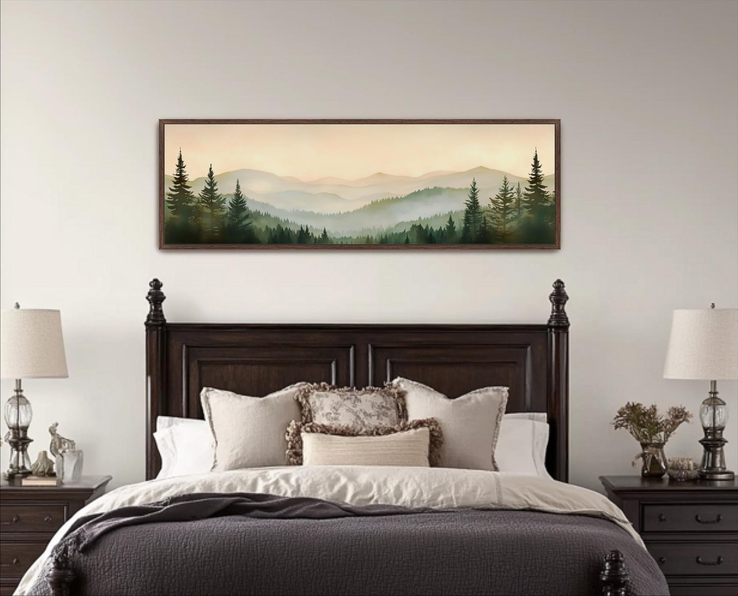 a bedroom with a large bed, a wooden headboard, and a framed landscape painting hanging above it. The painting depicts a serene mountain landscape with pine trees and a hazy, golden sky.