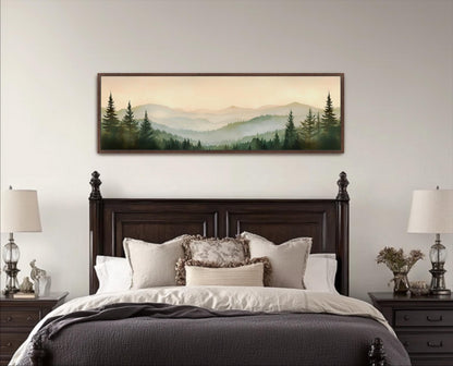 a bedroom with a large bed, a wooden headboard, and a framed landscape painting hanging above it. The painting depicts a serene mountain landscape with pine trees and a hazy, golden sky.